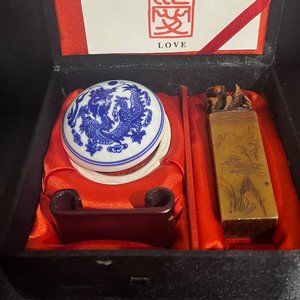 Chinese Carved SHOU SHAN Soap Stone Dragon Seal Stamp Set "Love"